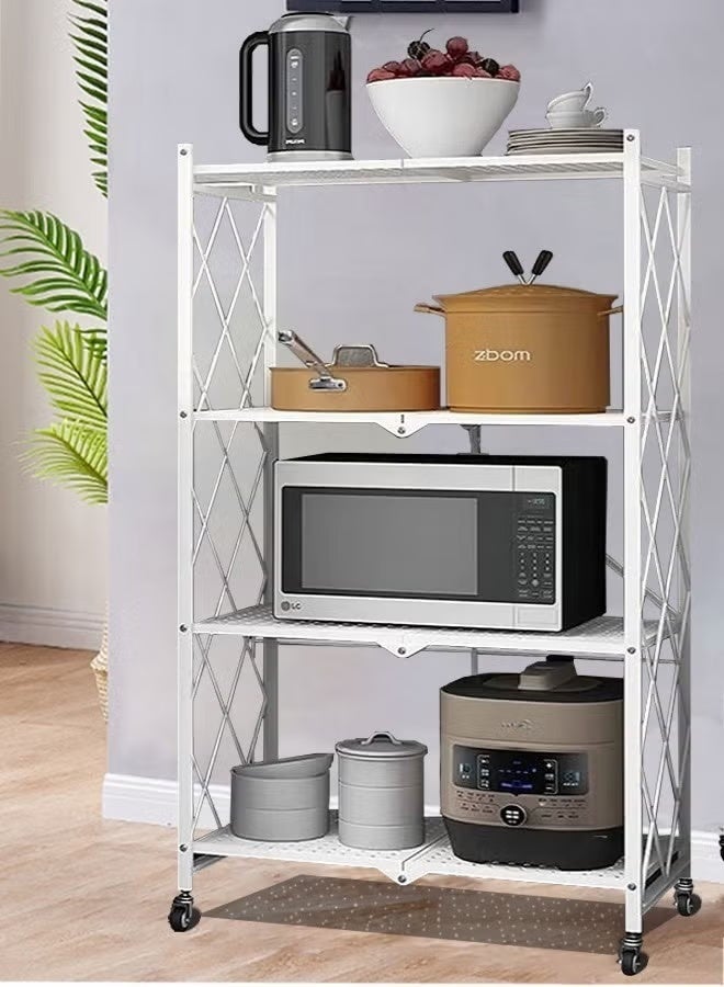 Raqi 4-Tier Foldable Metal Storage Rack with Wheels – Heavy-Duty Shelving Unit with Large Capacity – Kitchen, Garage & Basement Organizer – White - Image 3